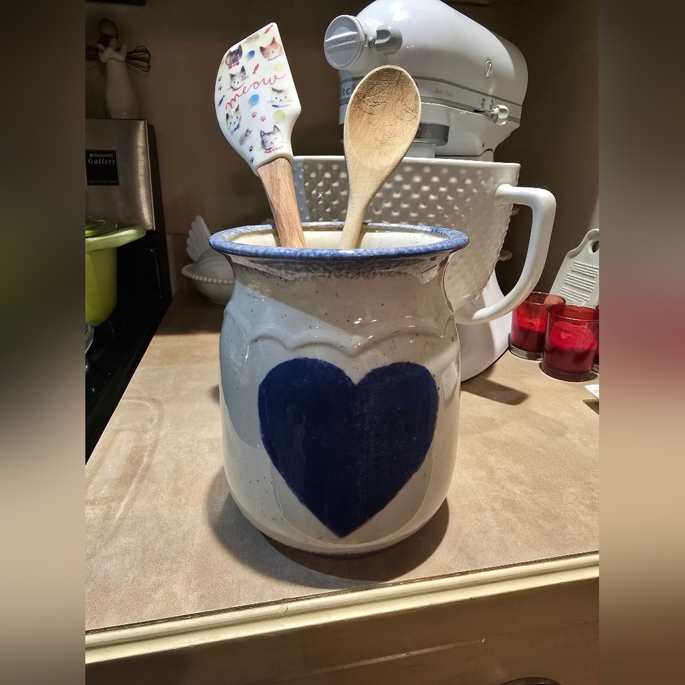 Ceramic Utensil Crock, Blue & Off-White , Color Flecks - Picture 2 of 2